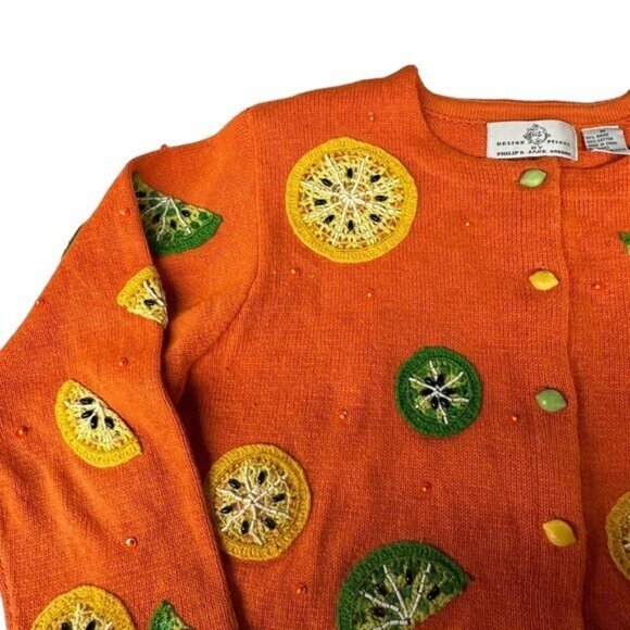 Design Options M Citrus Cardigan Sweater Orange Lime Lemon Crochet Art to Wear - Picture 4 of 8
